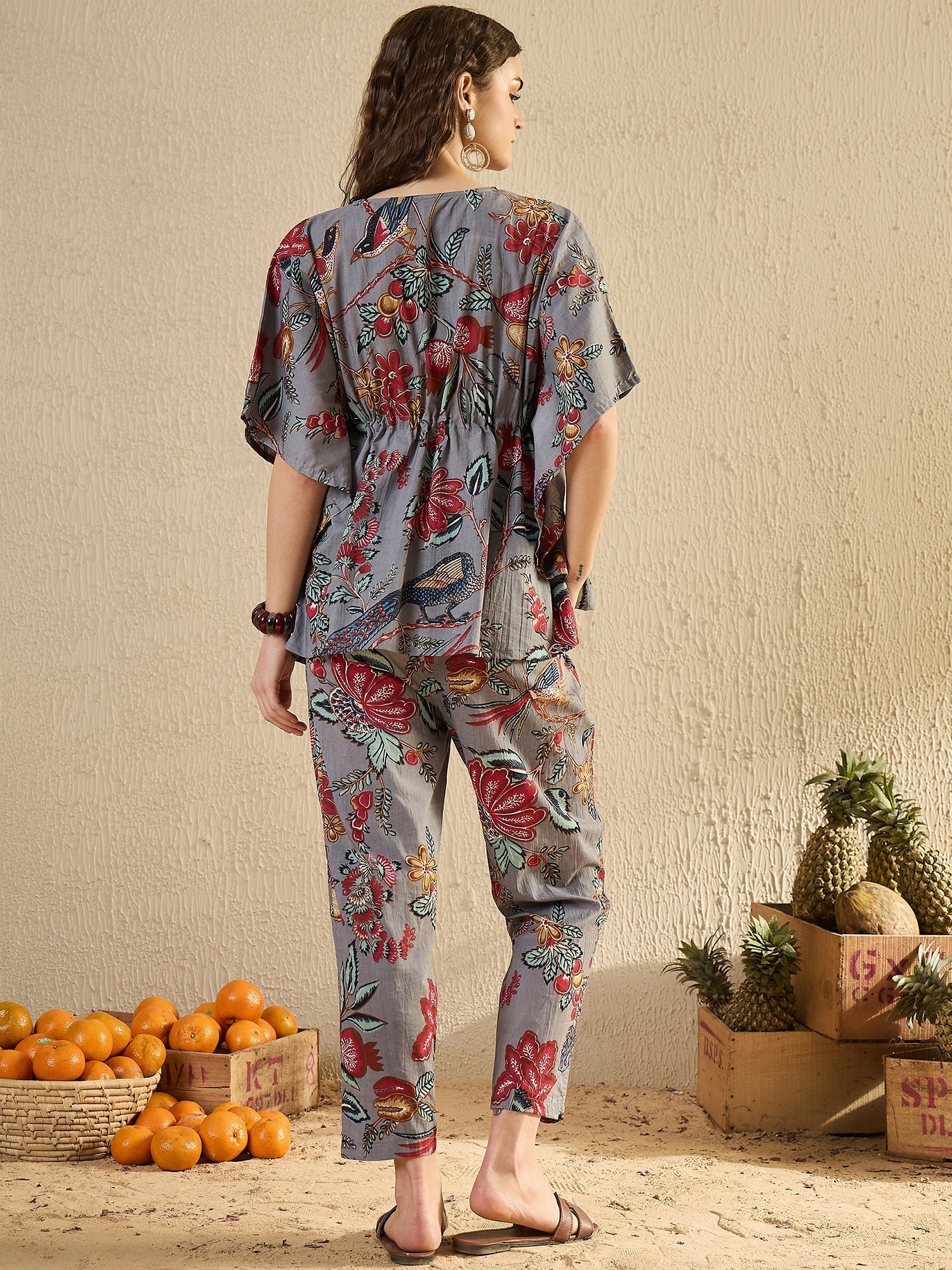 Women Floral Printed Beige Night Suit Set - SanskrutiHomes 