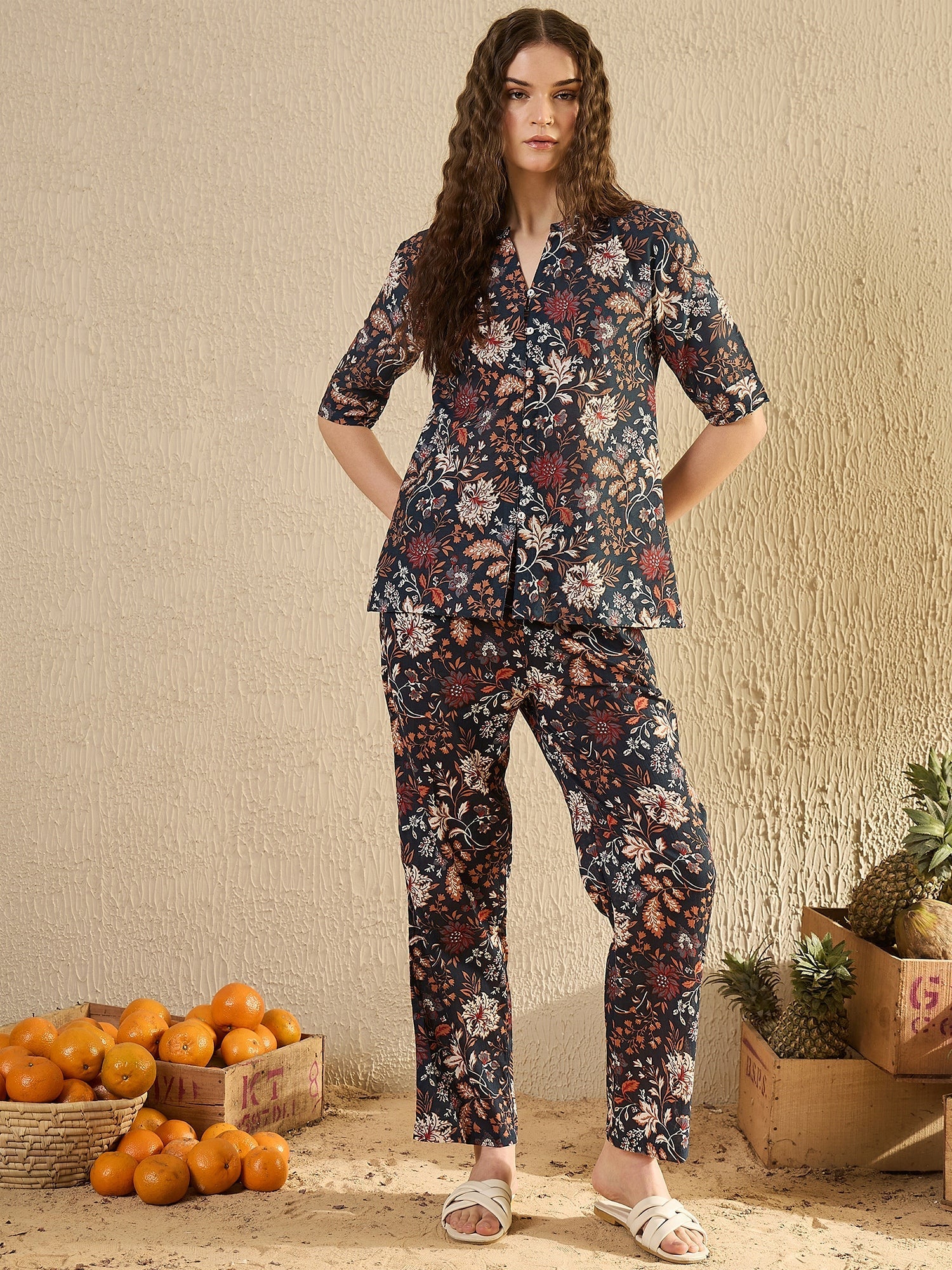 Women Floral Printed Blue Night Suit Set - SanskrutiHomes 