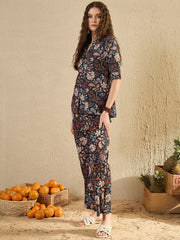 Women Floral Printed Blue Night Suit Set - SanskrutiHomes 