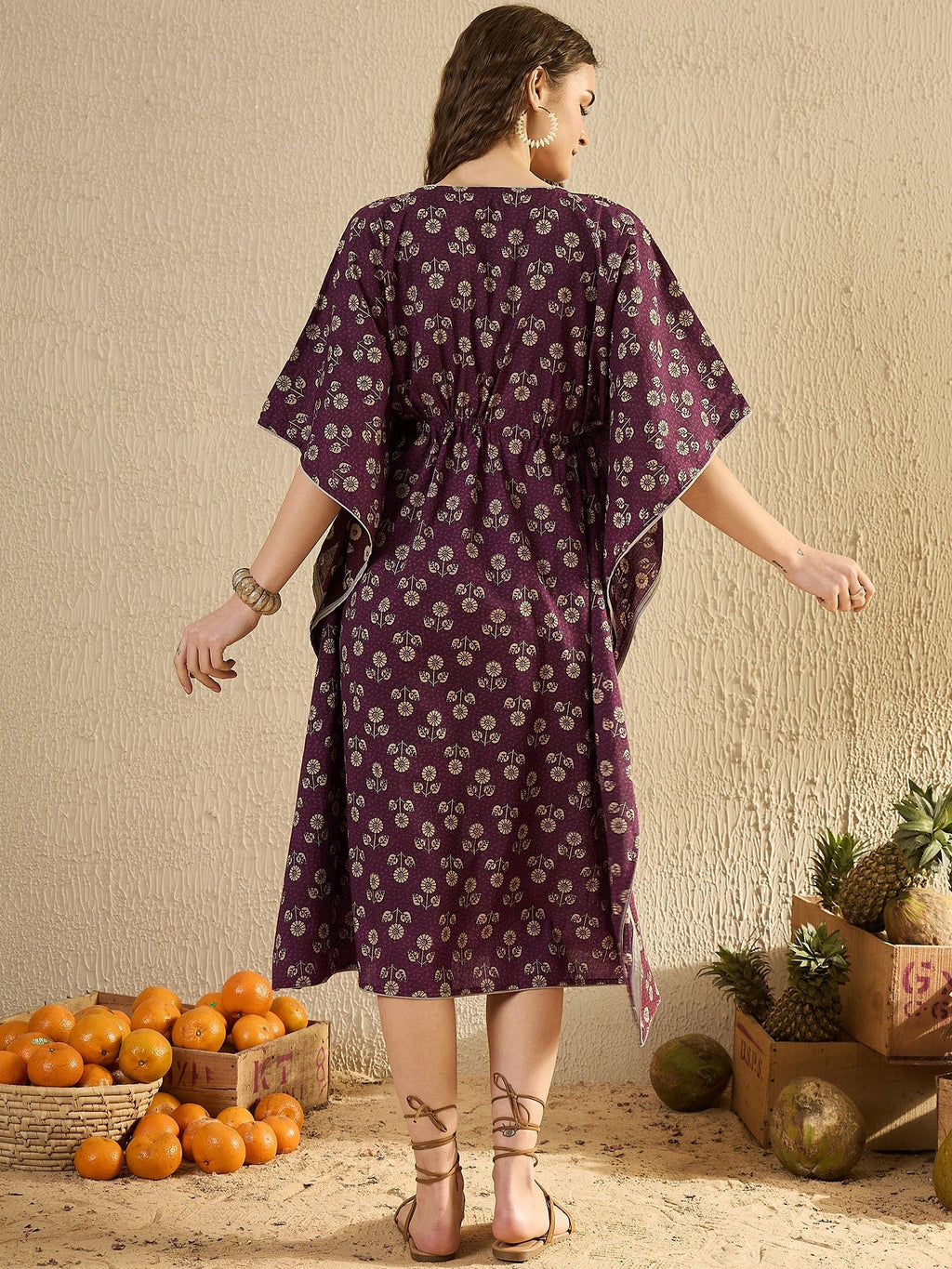 Purple Floral Printed V-Neck Kaftan Night Dress - SanskrutiHomes 