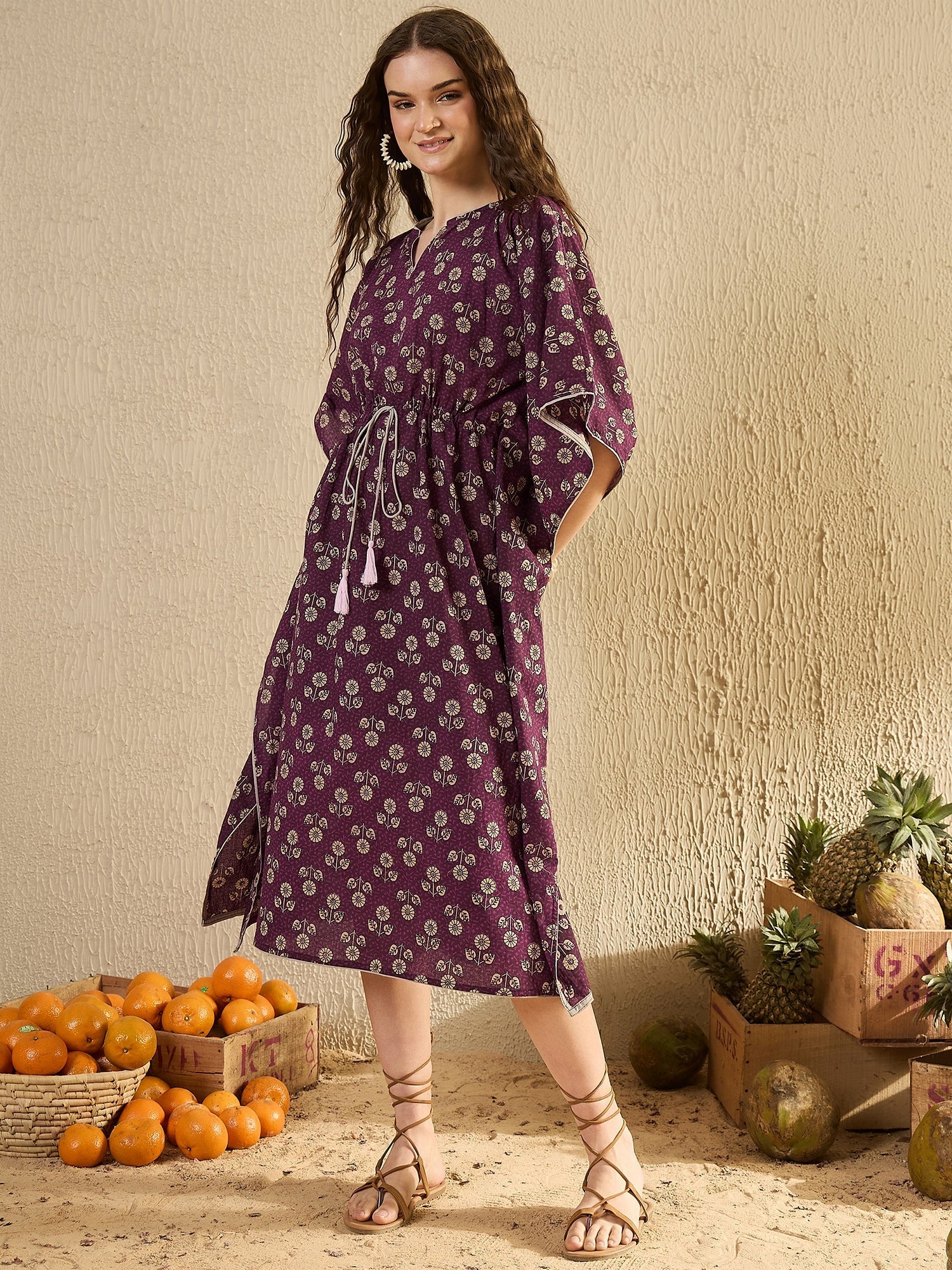 Purple Floral Printed V-Neck Kaftan Night Dress - SanskrutiHomes 