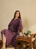 Purple Floral Printed V-Neck Kaftan Night Dress - SanskrutiHomes 
