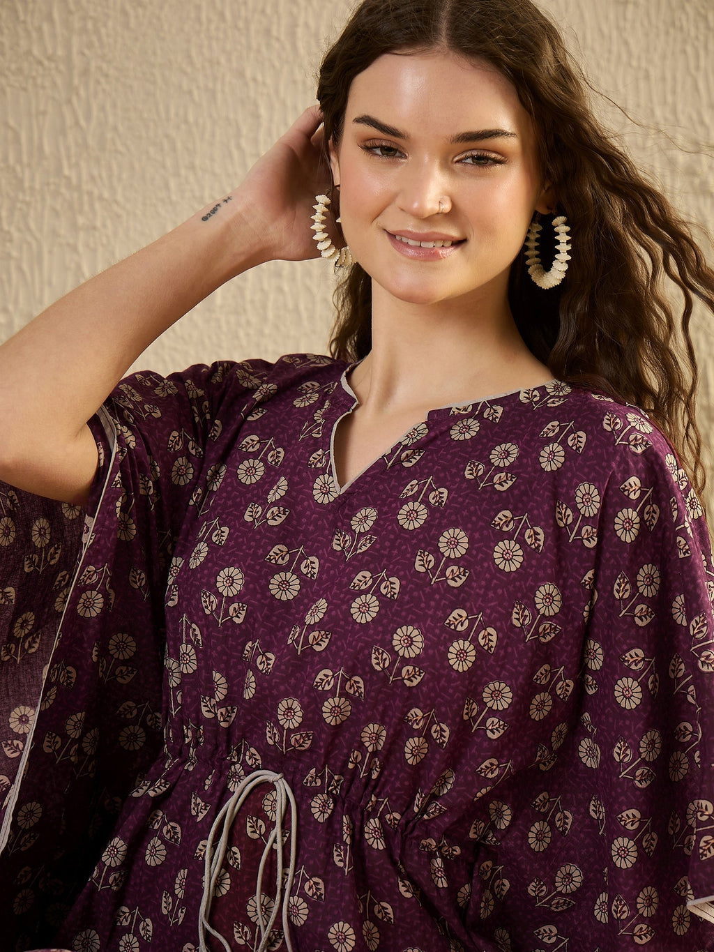 Purple Floral Printed V-Neck Kaftan Night Dress - SanskrutiHomes 