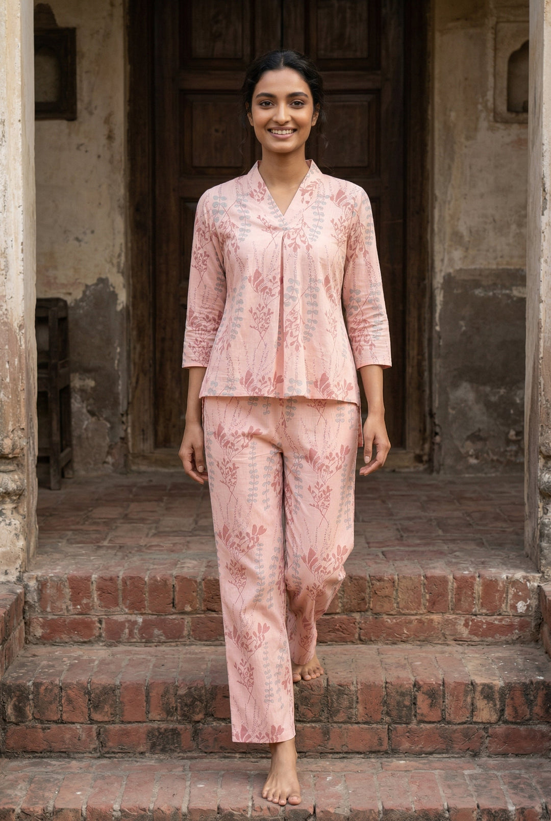 Peach V-Neck Tropical Print Pure Cotton Co-Ord Set For Women