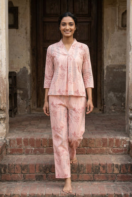 Peach V-Neck Tropical Print Pure Cotton Co-Ord Set For Women