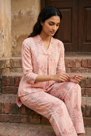 Peach V-Neck Tropical Print Pure Cotton Co-Ord Set For Women