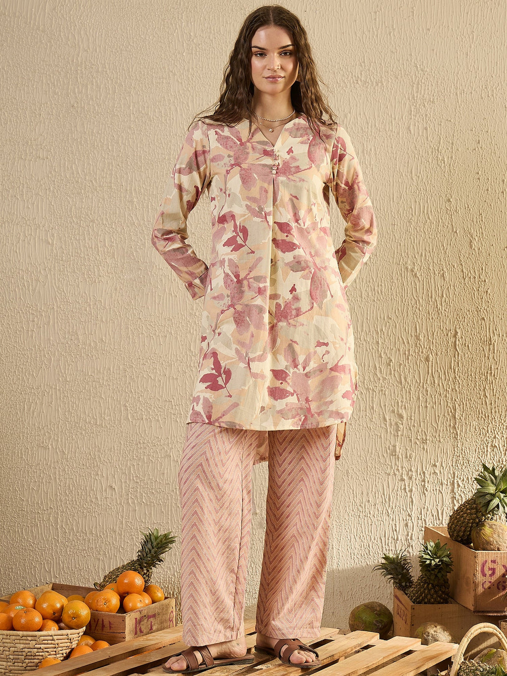 Pink Tropical Printed Co Ord Set - SanskrutiHomes 