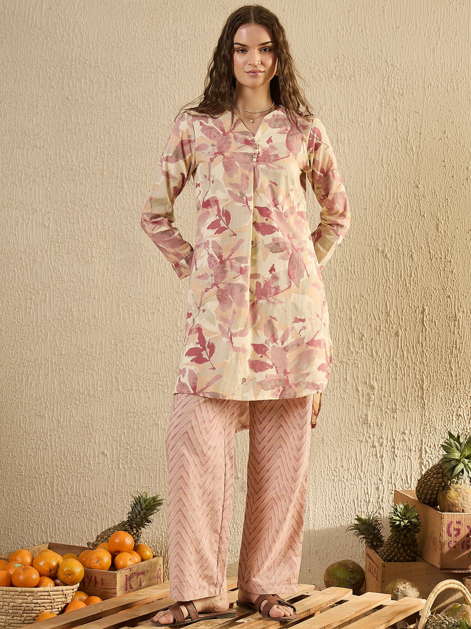 Pink Tropical Printed Co Ord Set - SanskrutiHomes 