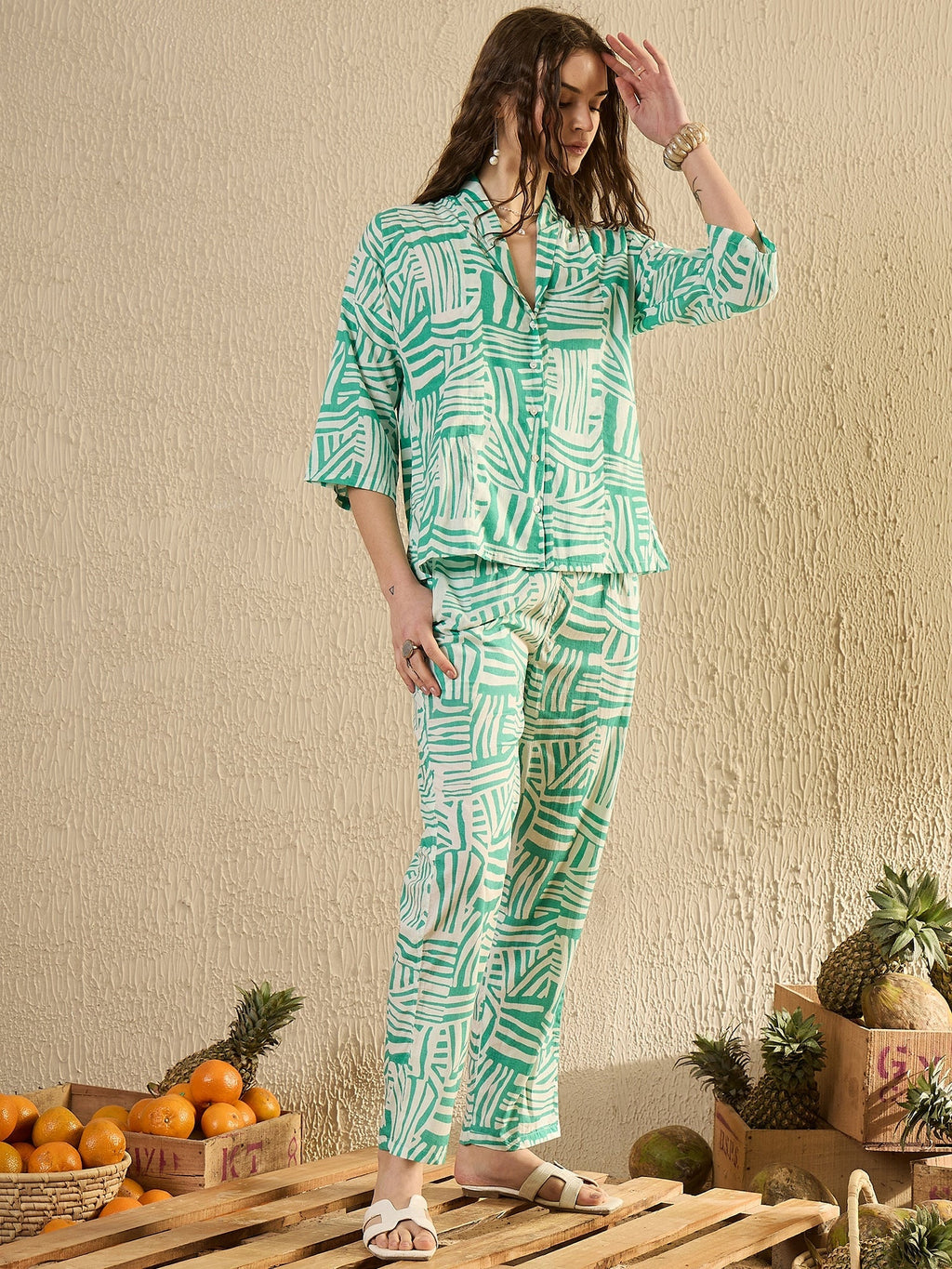 Women Abstract Printed Sea Green Night Suit Set - SanskrutiHomes 