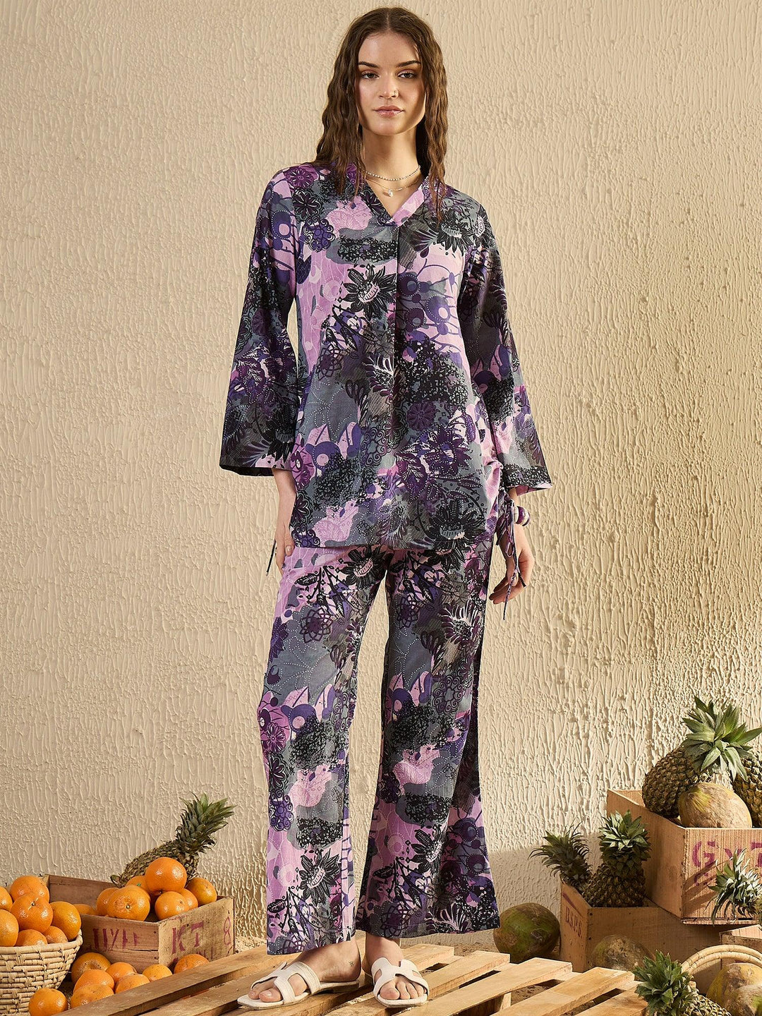 Purple Tropical Printed Co Ord Set - SanskrutiHomes 