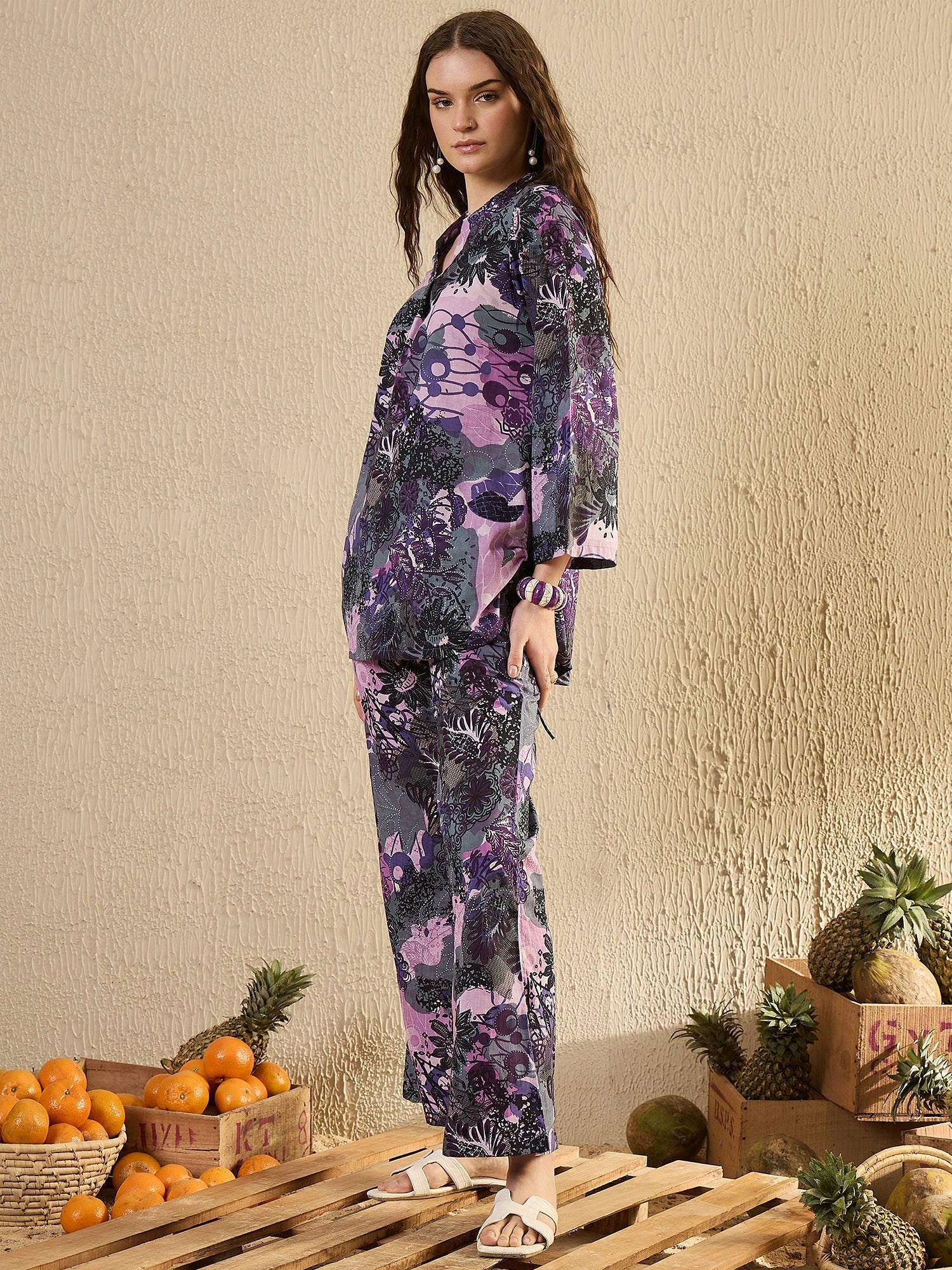 Purple Tropical Printed Co Ord Set - SanskrutiHomes 