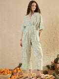 Green Cotton V-Neck Floral Printed JumpSuit - SanskrutiHomes 