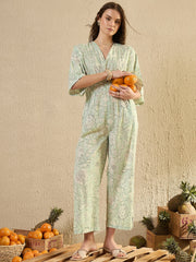 Green Cotton V-Neck Floral Printed JumpSuit - SanskrutiHomes 