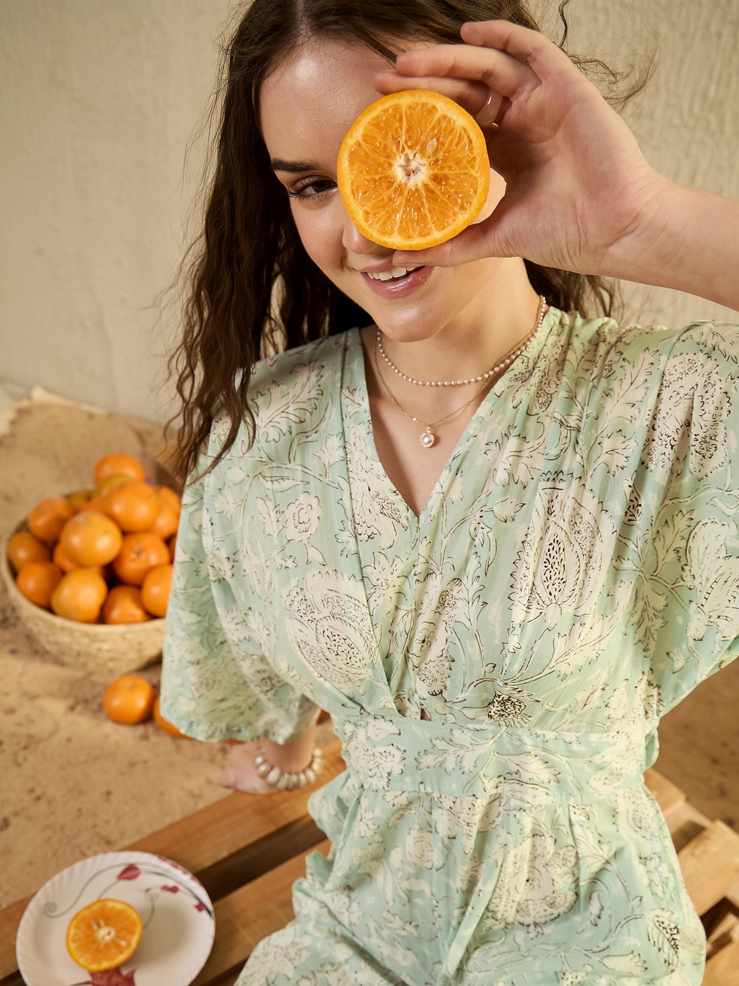 Green Cotton V-Neck Floral Printed JumpSuit - SanskrutiHomes 