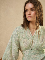 Green Cotton V-Neck Floral Printed JumpSuit - SanskrutiHomes 
