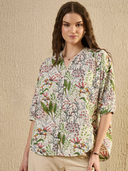 White Color Floral Printed V-Neck Dress for Women - SanskrutiHomes 