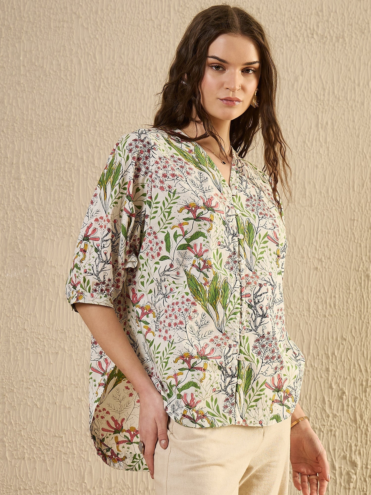 White Color Floral Printed V-Neck Dress for Women - SanskrutiHomes 