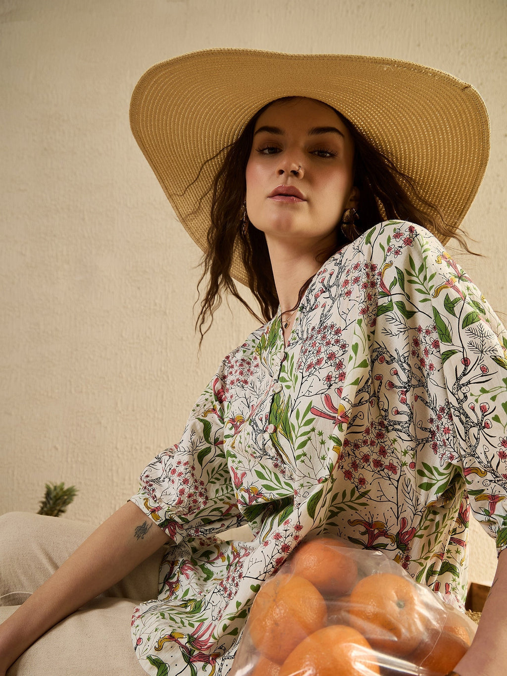 White Color Floral Printed V-Neck Dress for Women - SanskrutiHomes 