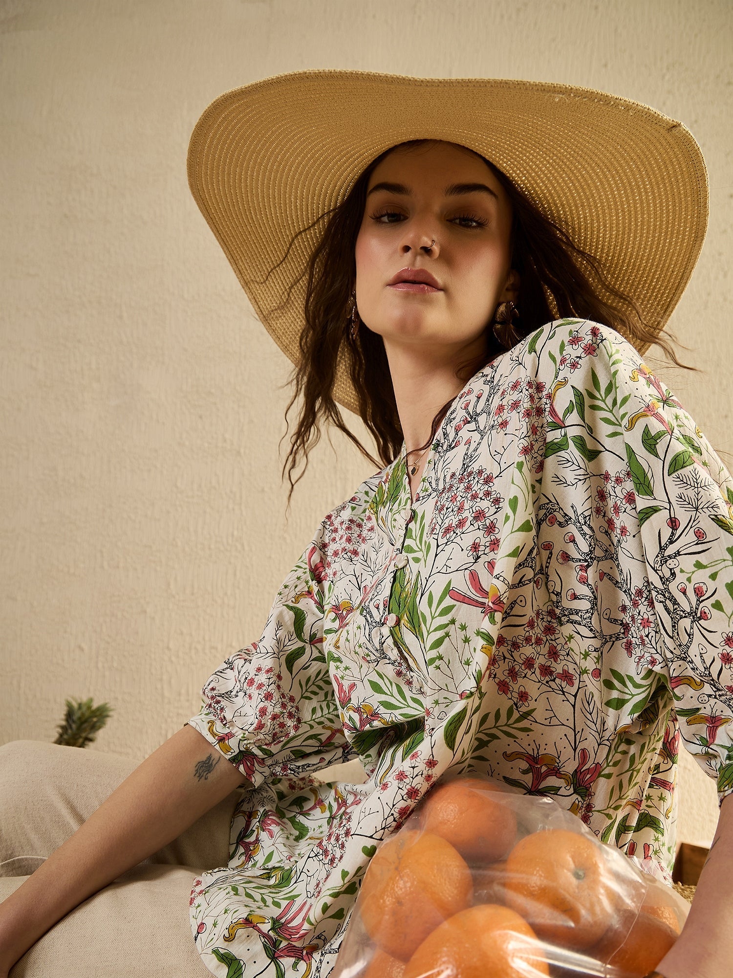 White Color Floral Printed V-Neck Dress for Women - SanskrutiHomes 