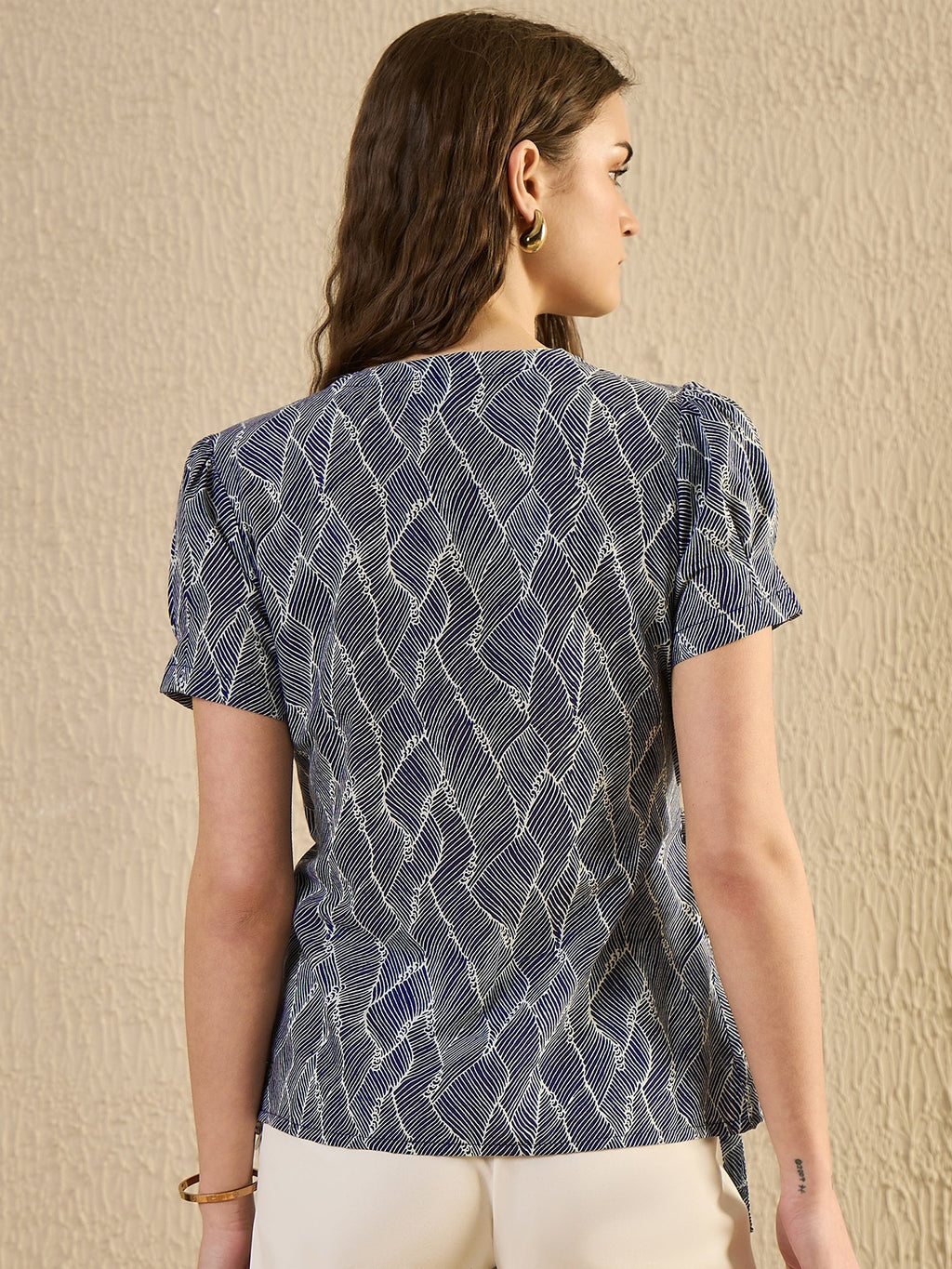 Blue Abstract Print Wrap Top