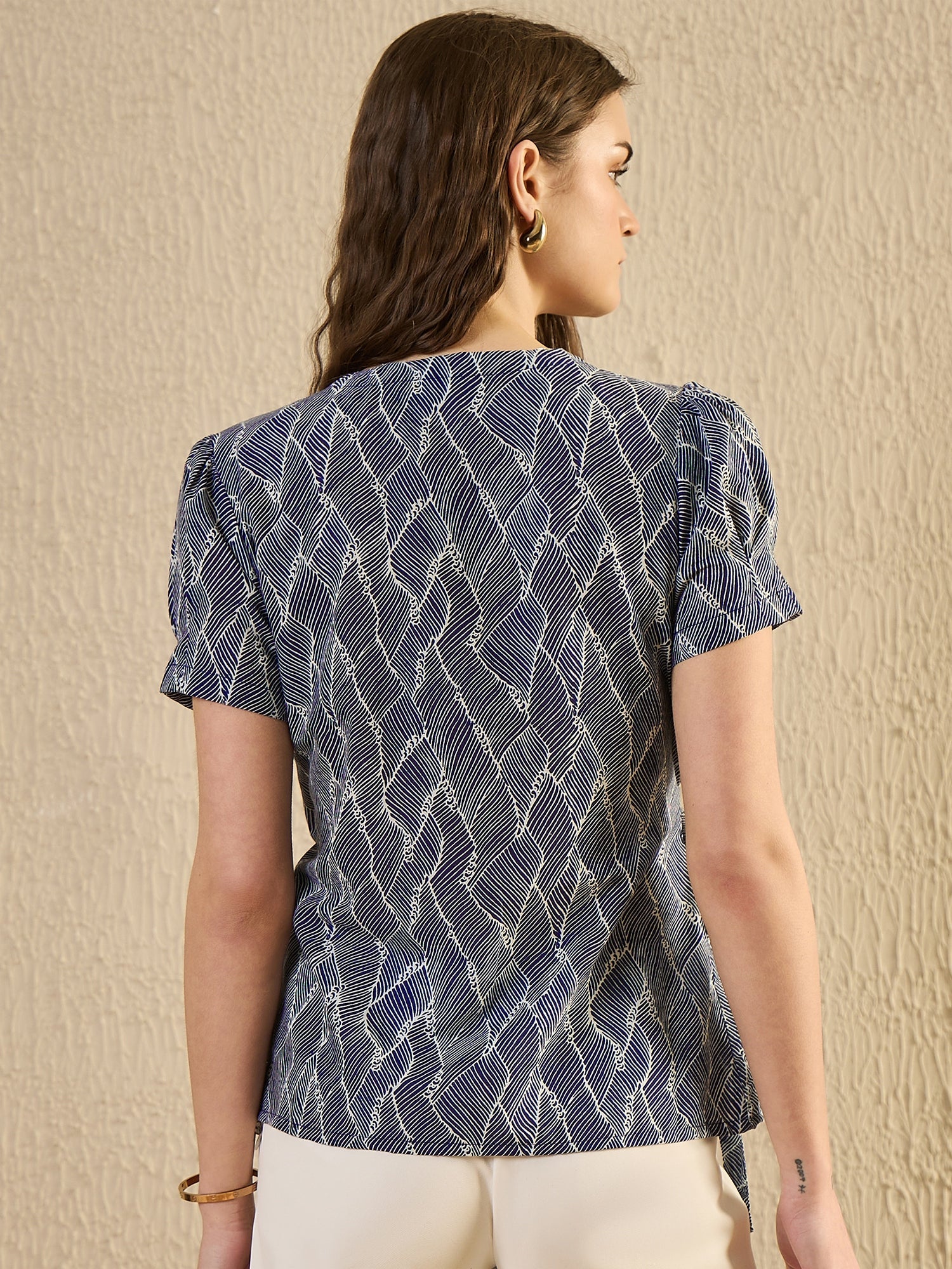 Blue Abstract Print Wrap Top
