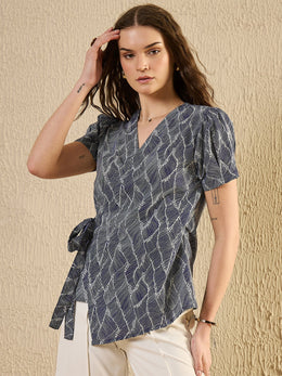 Blue Abstract Print Wrap Top