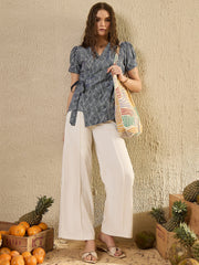 Blue Abstract Print Wrap Top