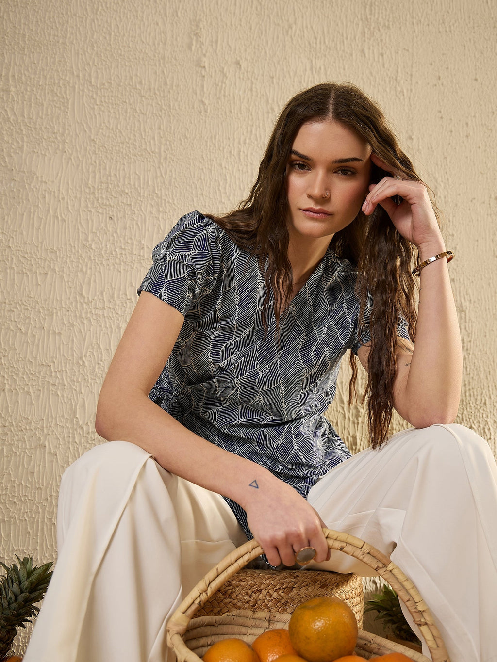 Blue Abstract Print Wrap Top