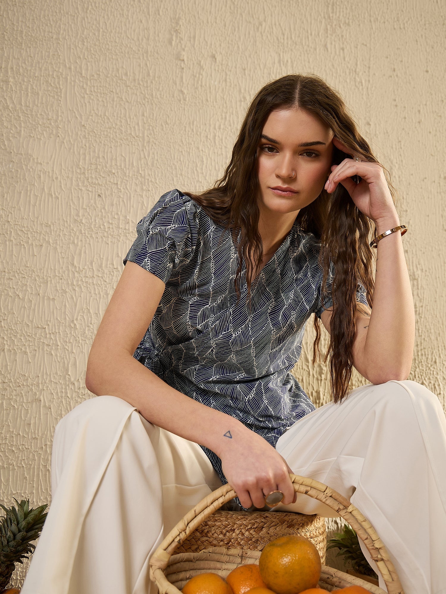 Blue Abstract Print Wrap Top