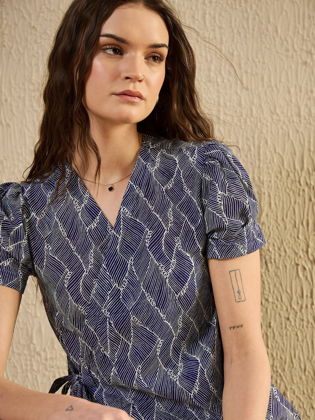 Blue Abstract Print Wrap Top