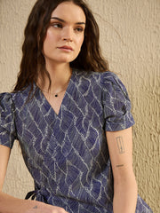 Blue Abstract Print Wrap Top