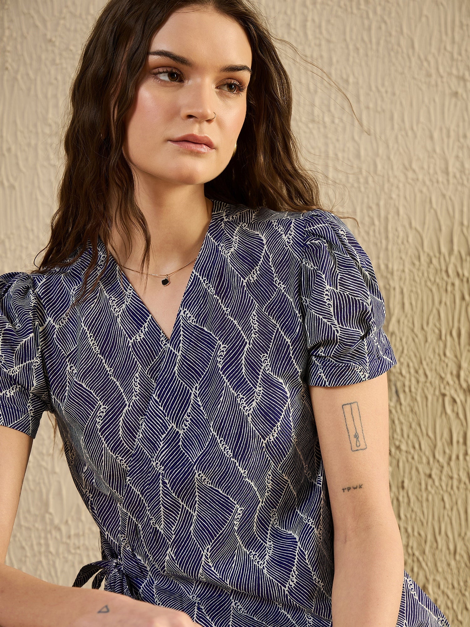 Blue Abstract Print Wrap Top