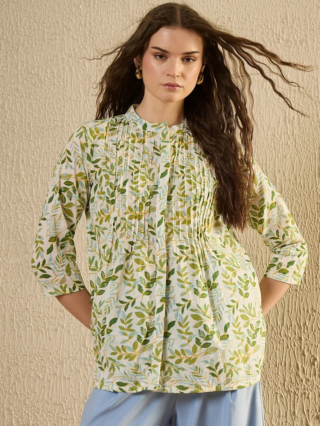 White Color Leaf Printed Cotton Shirt for Women - SanskrutiHomes 