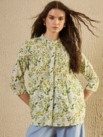 White Color Leaf Printed Cotton Shirt for Women - SanskrutiHomes 