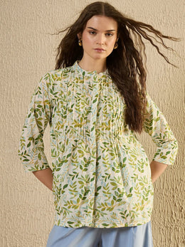 White Color Leaf Printed Cotton Shirt for Women - SanskrutiHomes 