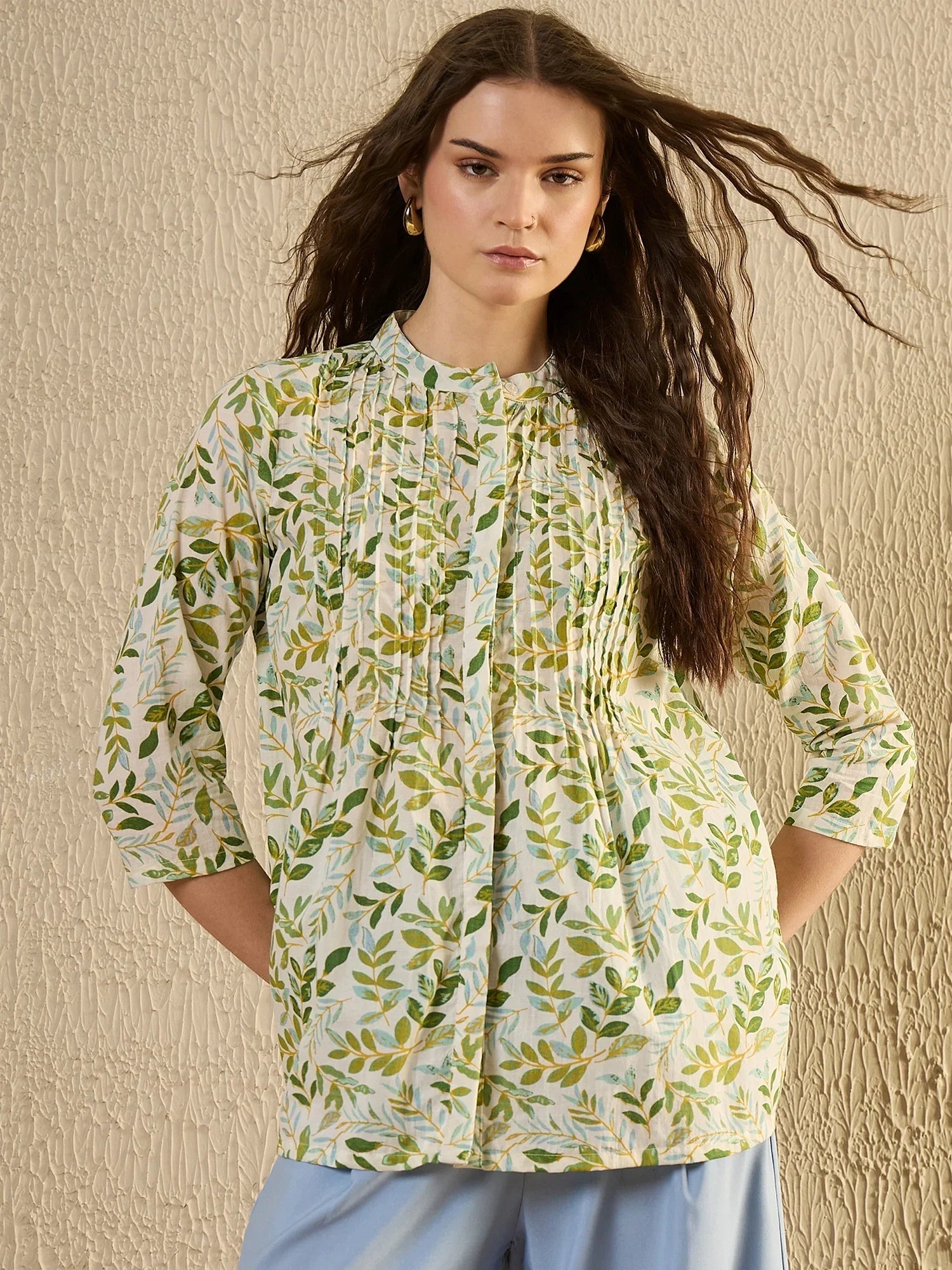 White Color Leaf Printed Cotton Shirt for Women - SanskrutiHomes 