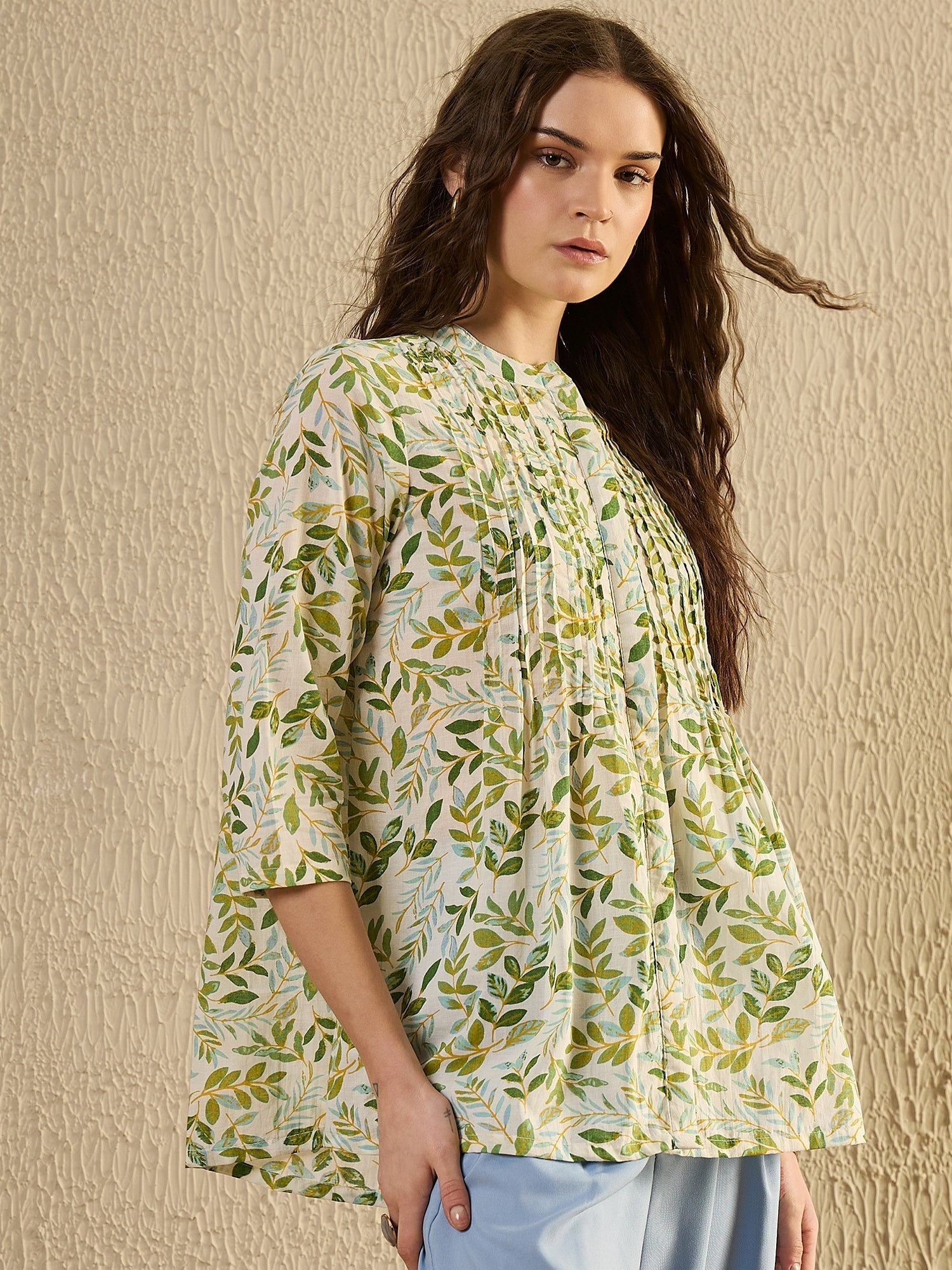 White Color Leaf Printed Cotton Shirt for Women - SanskrutiHomes 