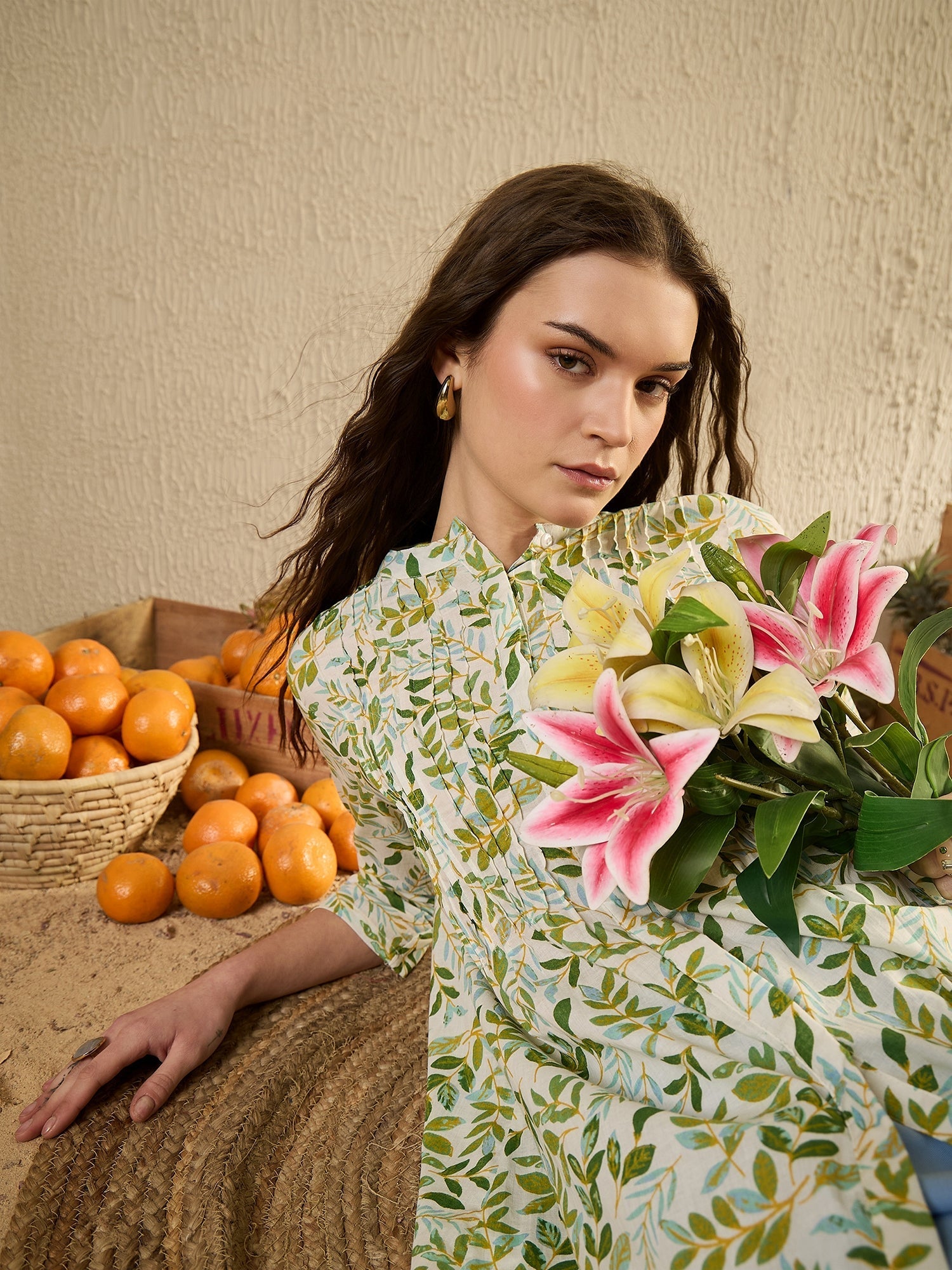 White Color Leaf Printed Cotton Shirt for Women - SanskrutiHomes 