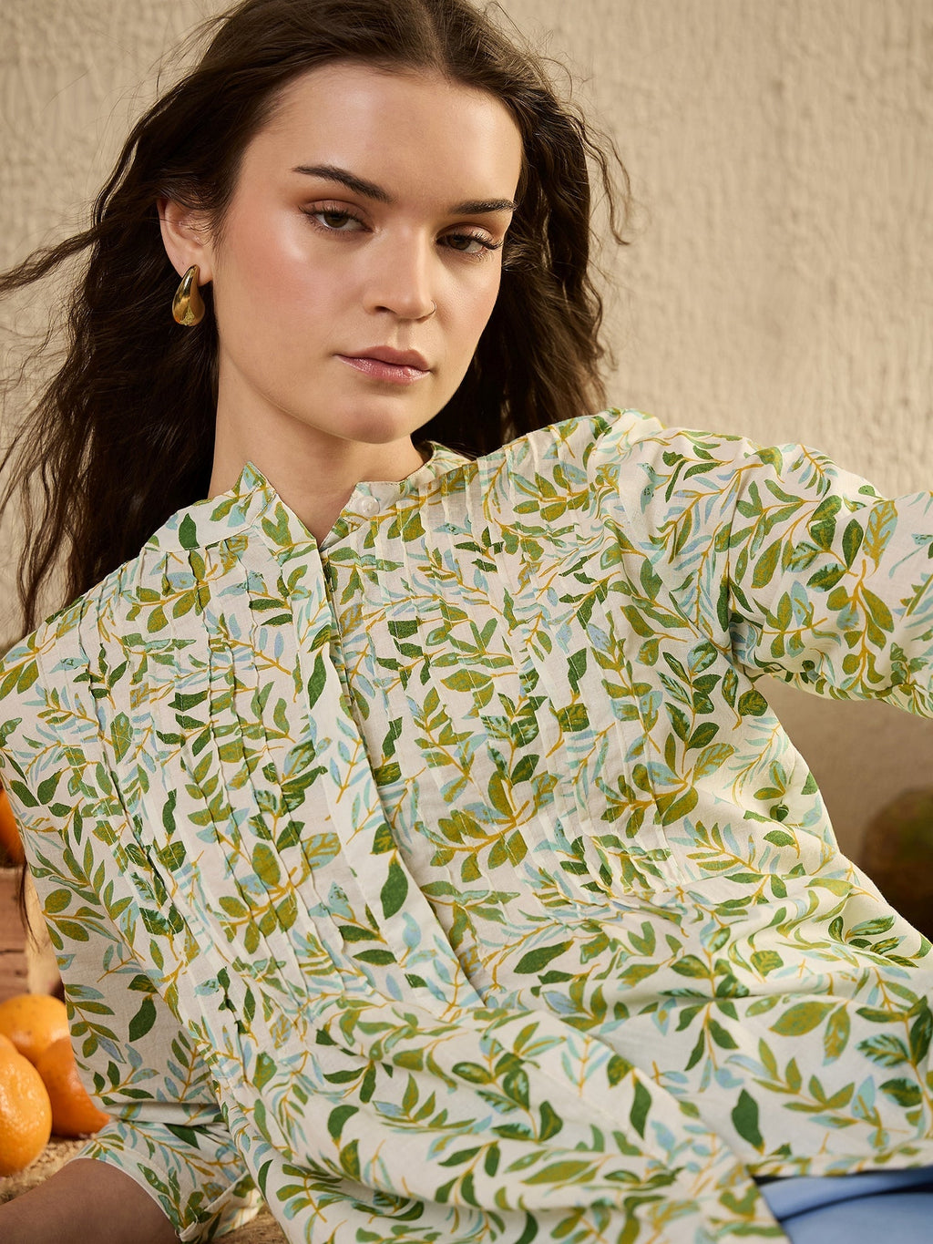 White Color Leaf Printed Cotton Shirt for Women - SanskrutiHomes 