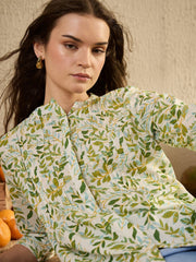 White Color Leaf Printed Cotton Shirt for Women - SanskrutiHomes 