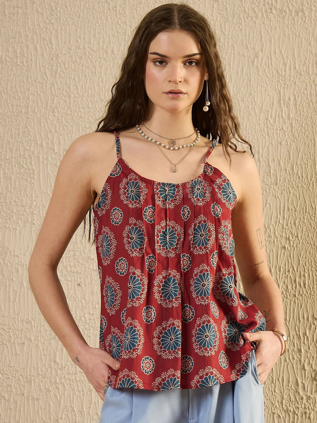 Red Floral Printed Top for Women - SanskrutiHomes 