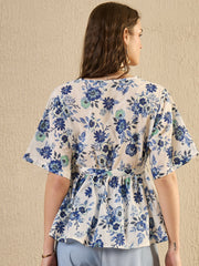 Blue Foral Printed Tie-Up Top
