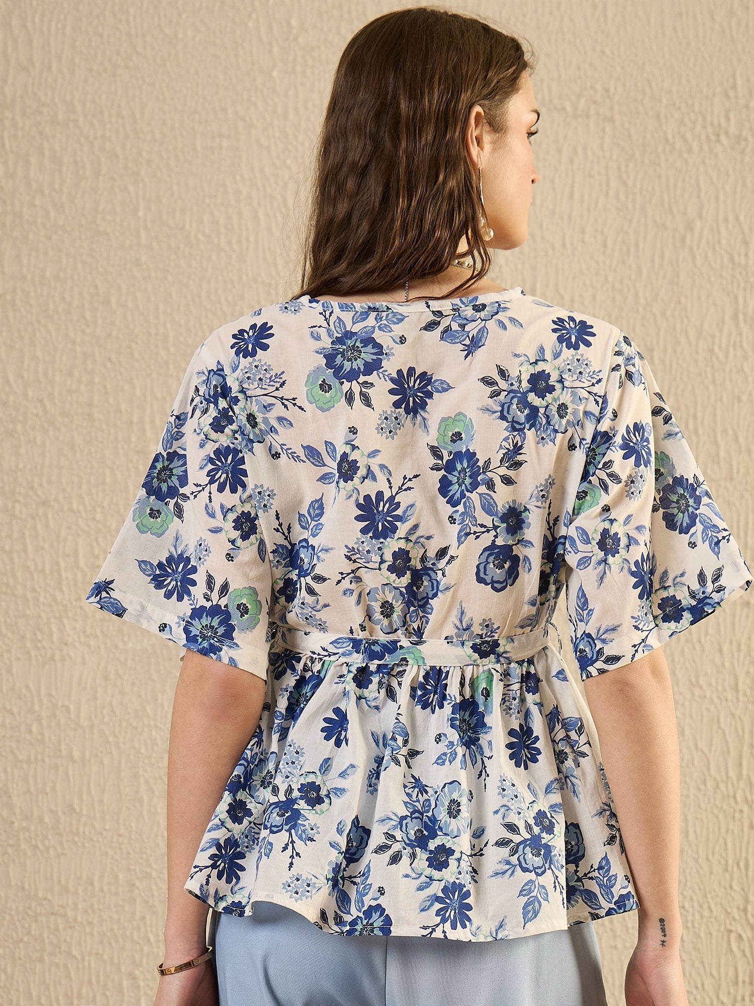 Blue Foral Printed Tie-Up Top