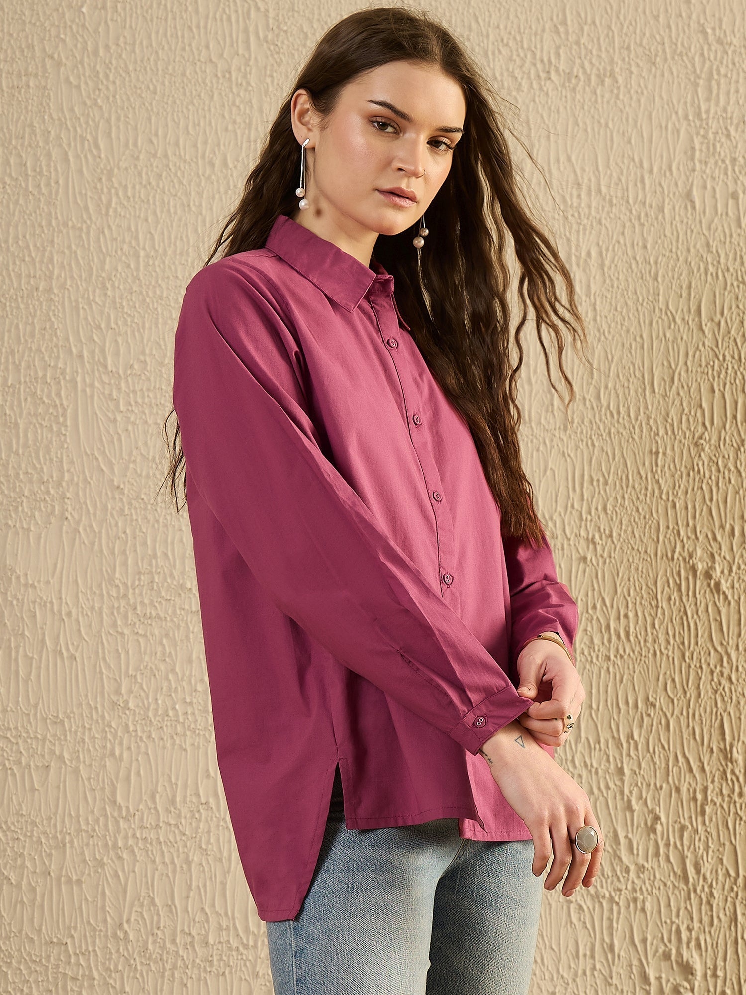 Pink Solid Print Cotton Women Shirt - SanskrutiHomes 