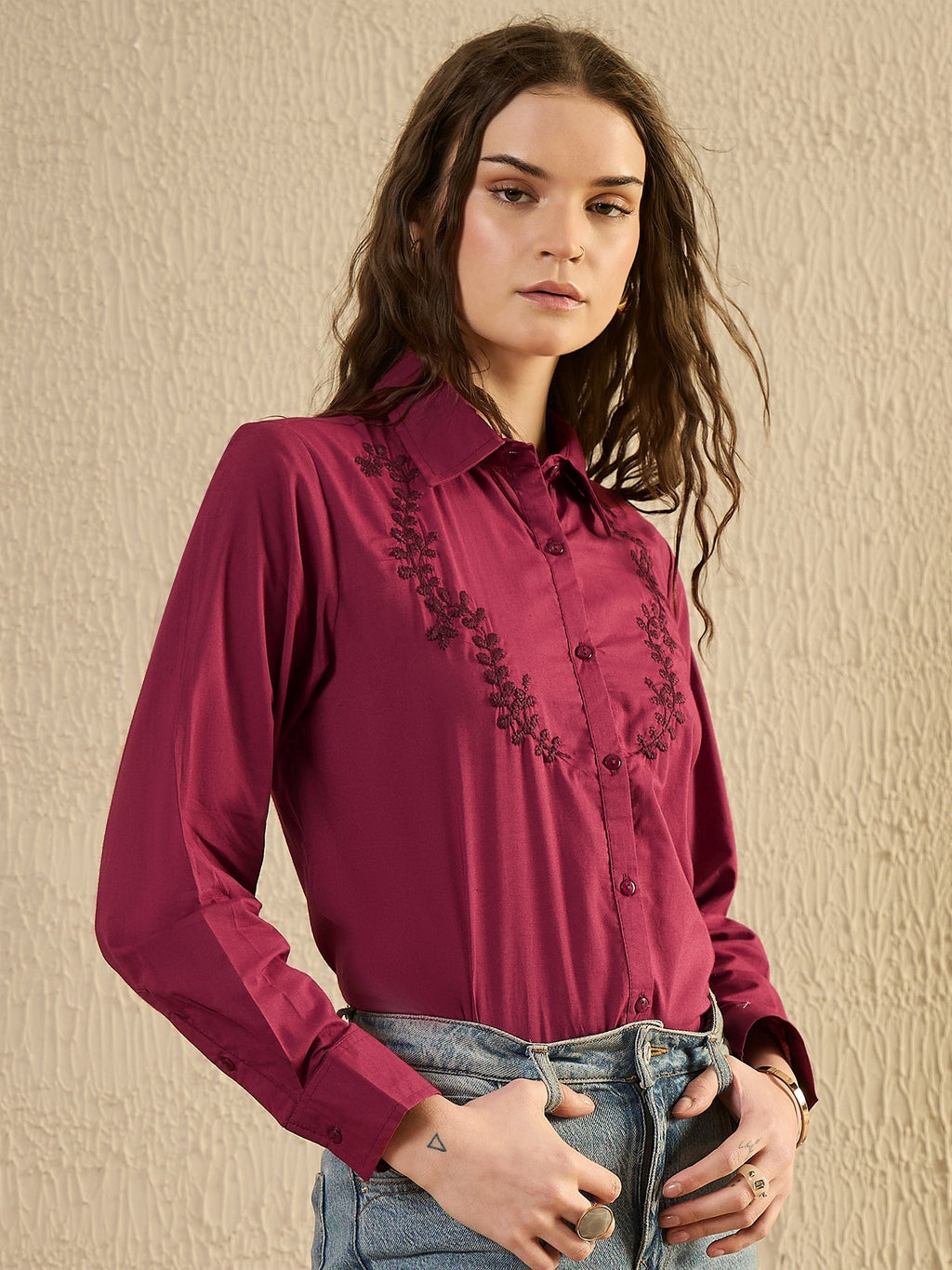 Maroon Color Solid Cotton Women Shirt - SanskrutiHomes 