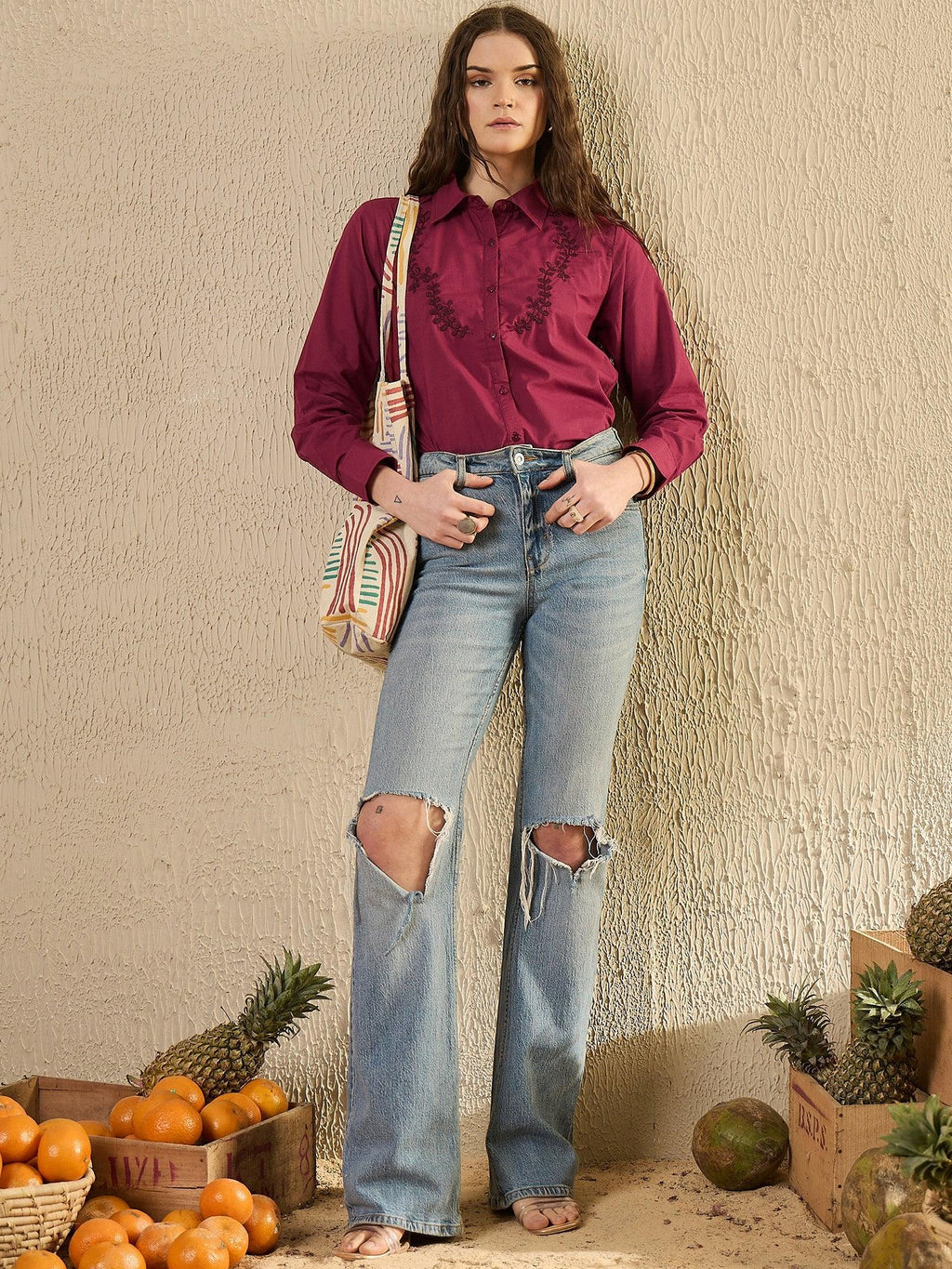 Maroon Color Solid Cotton Women Shirt - SanskrutiHomes 