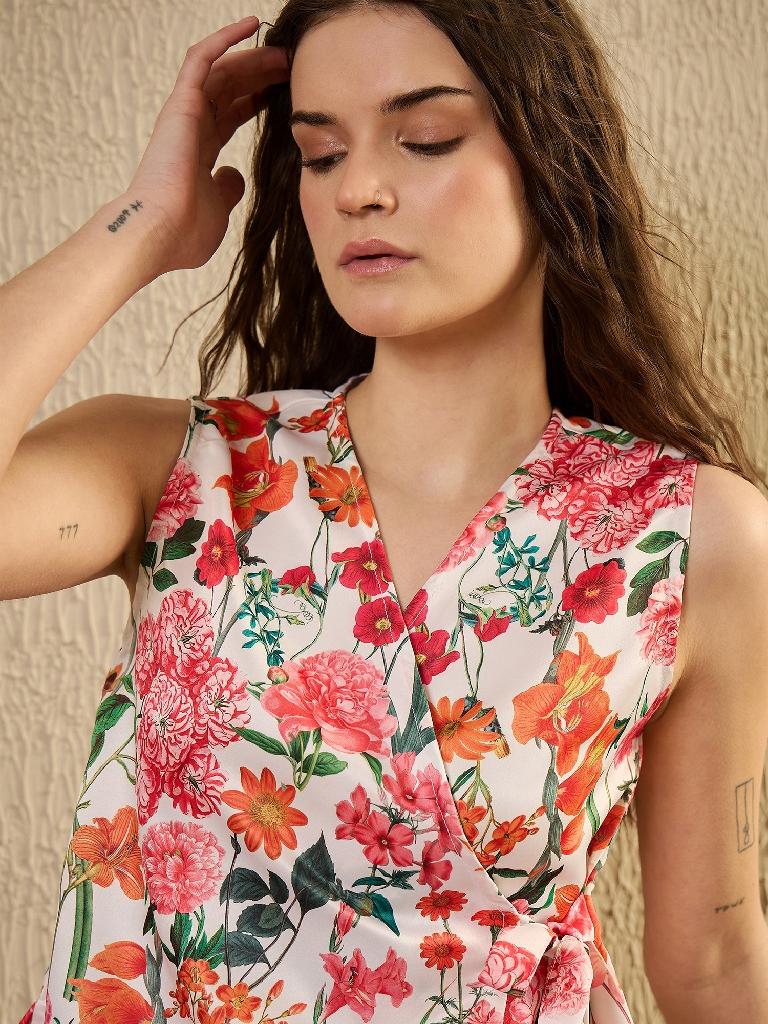 White Foral Printed Wrap Top