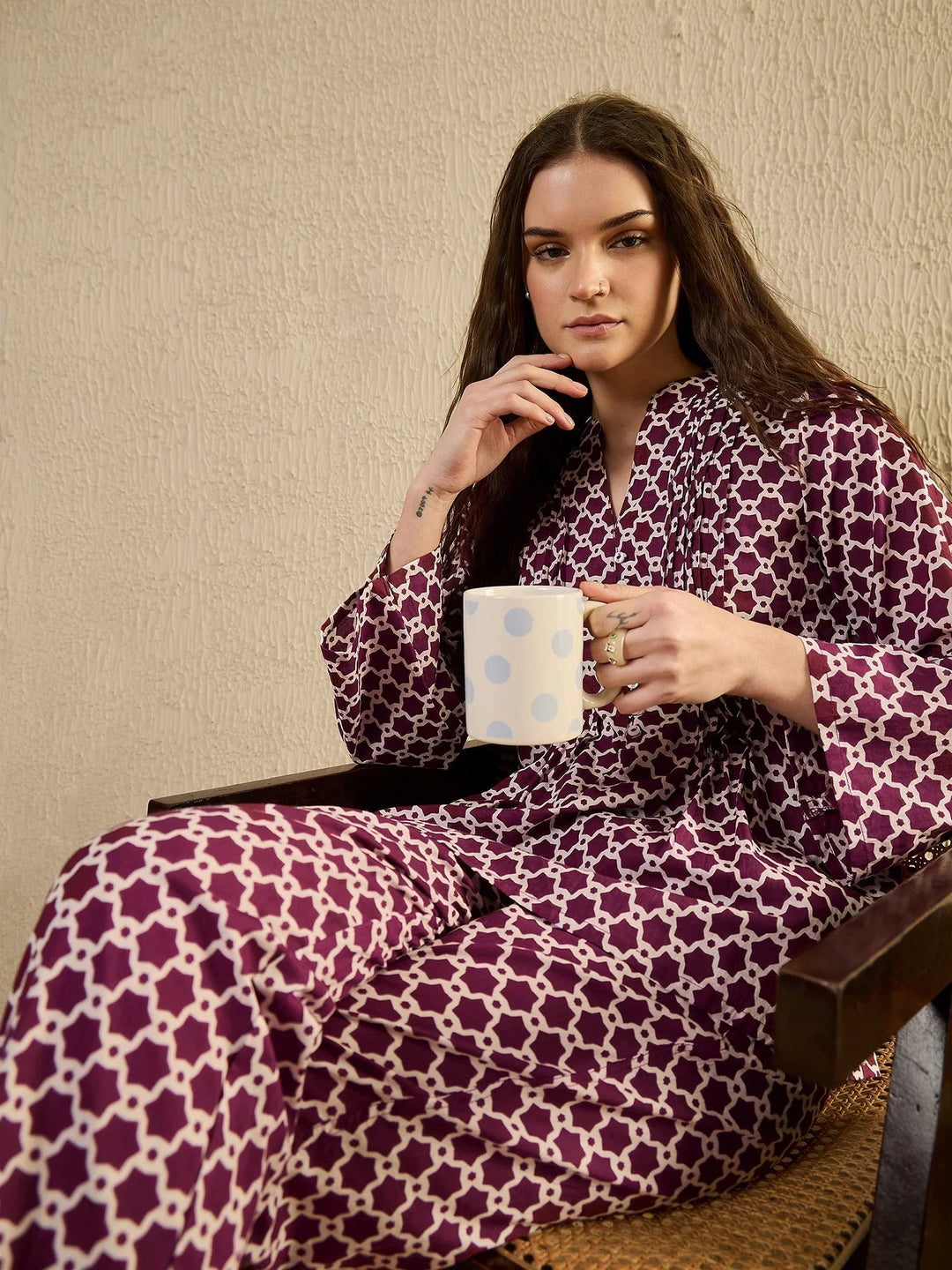 Women Geometric Printed Purple Night Suit Set - SanskrutiHomes 
