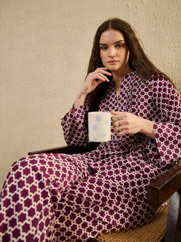Women Geometric Printed Purple Night Suit Set - SanskrutiHomes 