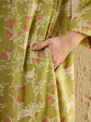 Lime Green Floral Printed V-Neck Night Dress - SanskrutiHomes 